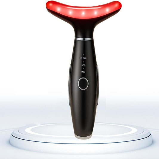 Face Massager -7 Color Red-Light-Therapy for Face and Neck for Wrinkles, Double Chin, Vibrating Facial Massager with Thermals (Black)