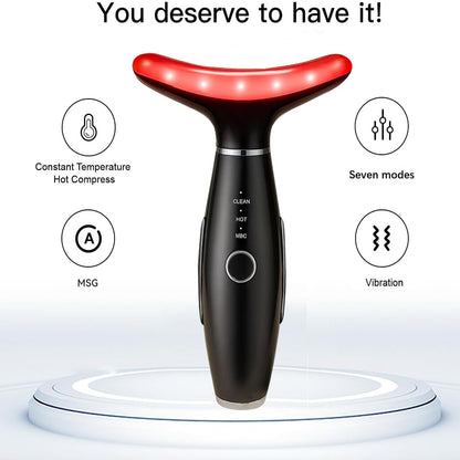 Face Massager -7 Color Red-Light-Therapy for Face and Neck for Wrinkles, Double Chin, Vibrating Facial Massager with Thermals (Black)