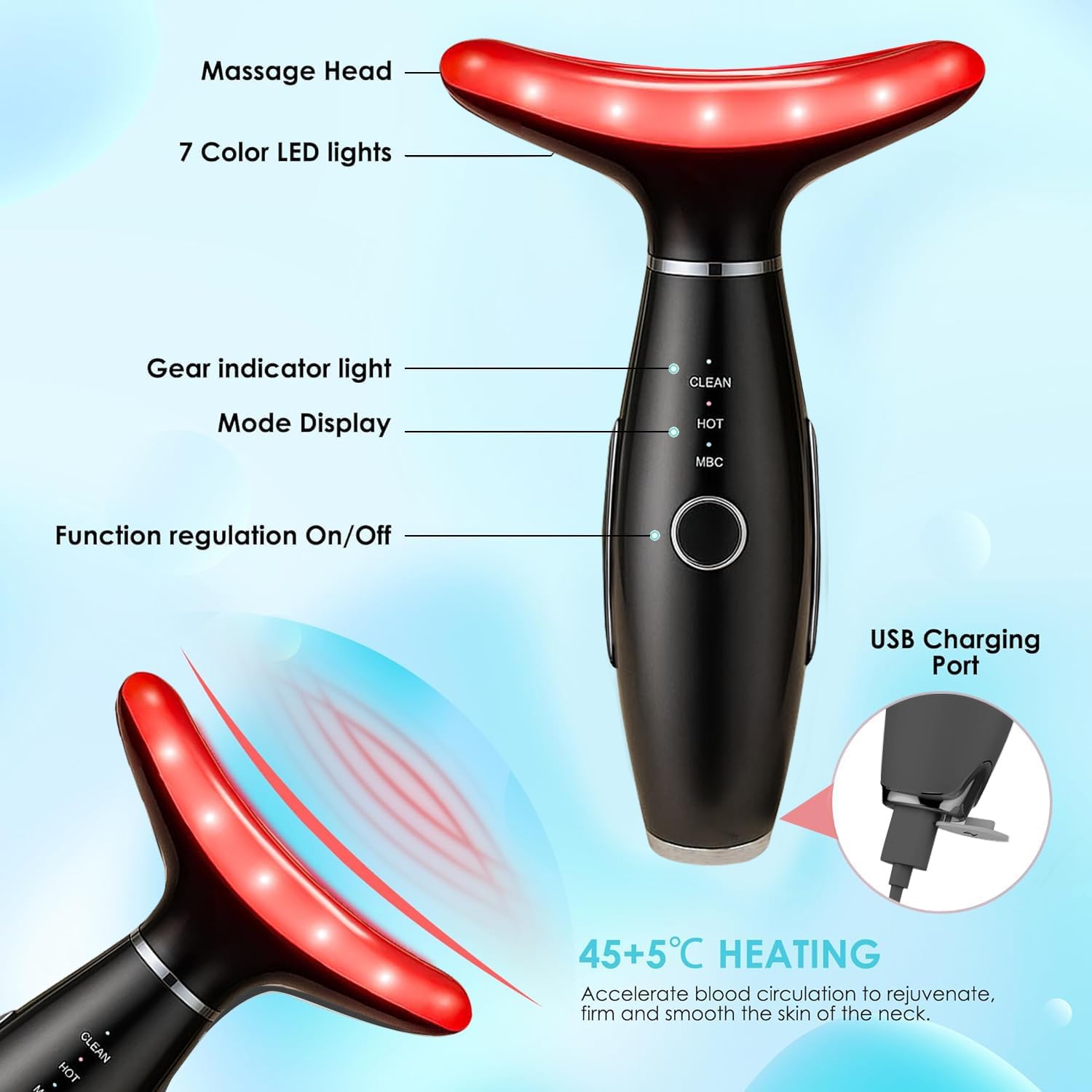 Face Massager -7 Color Red-Light-Therapy for Face and Neck for Wrinkles, Double Chin, Vibrating Facial Massager with Thermals (Black)